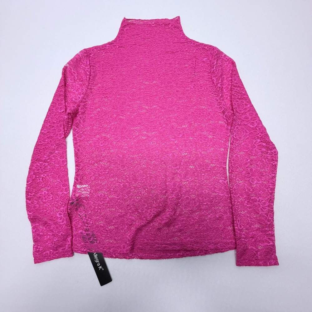 Allegra K Womens Hot Pink Floral Lace Mock Neck Long Sleeve Sheer Top